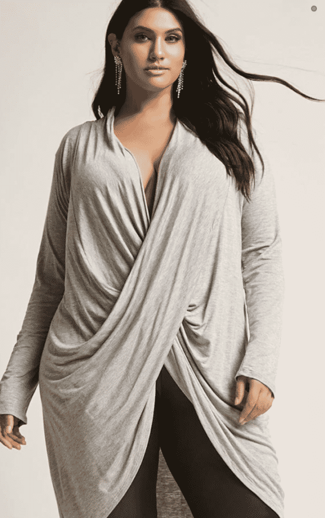 woman in draped front wrap shirt and pants
