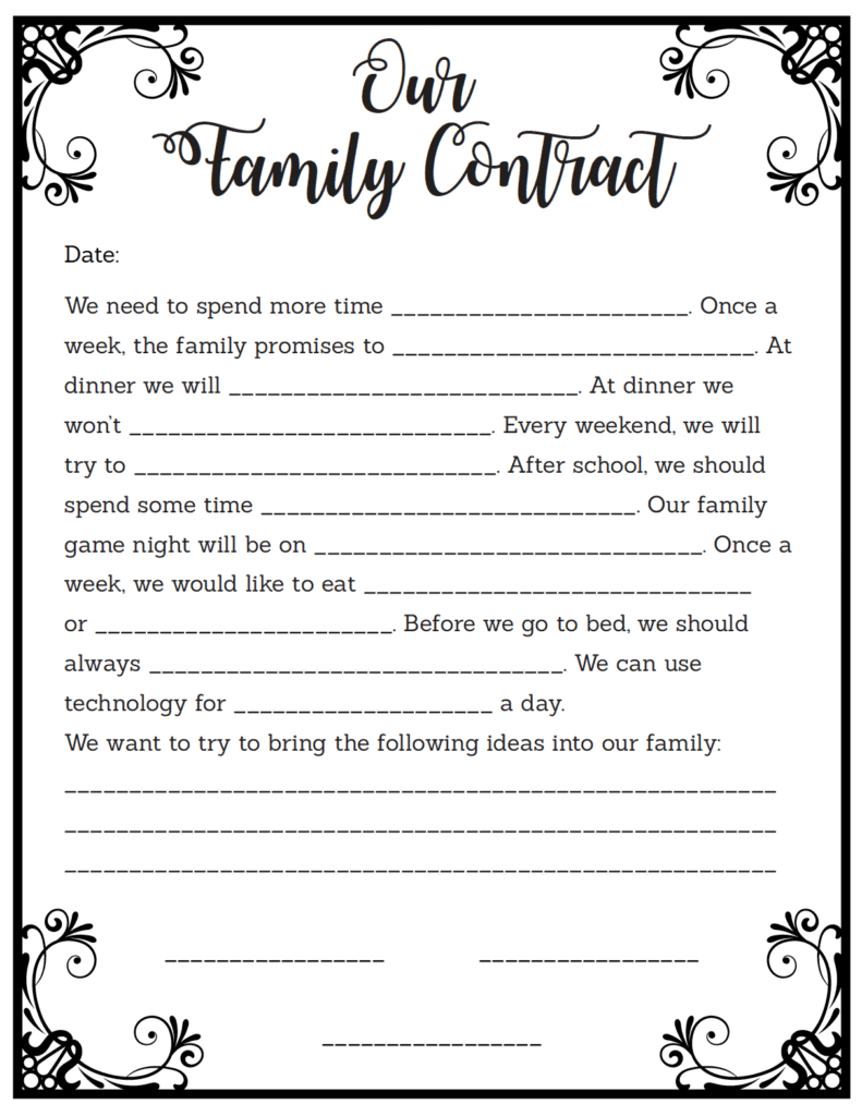 Free Family Contract Printable: Fill In The Blank Contract For Kids