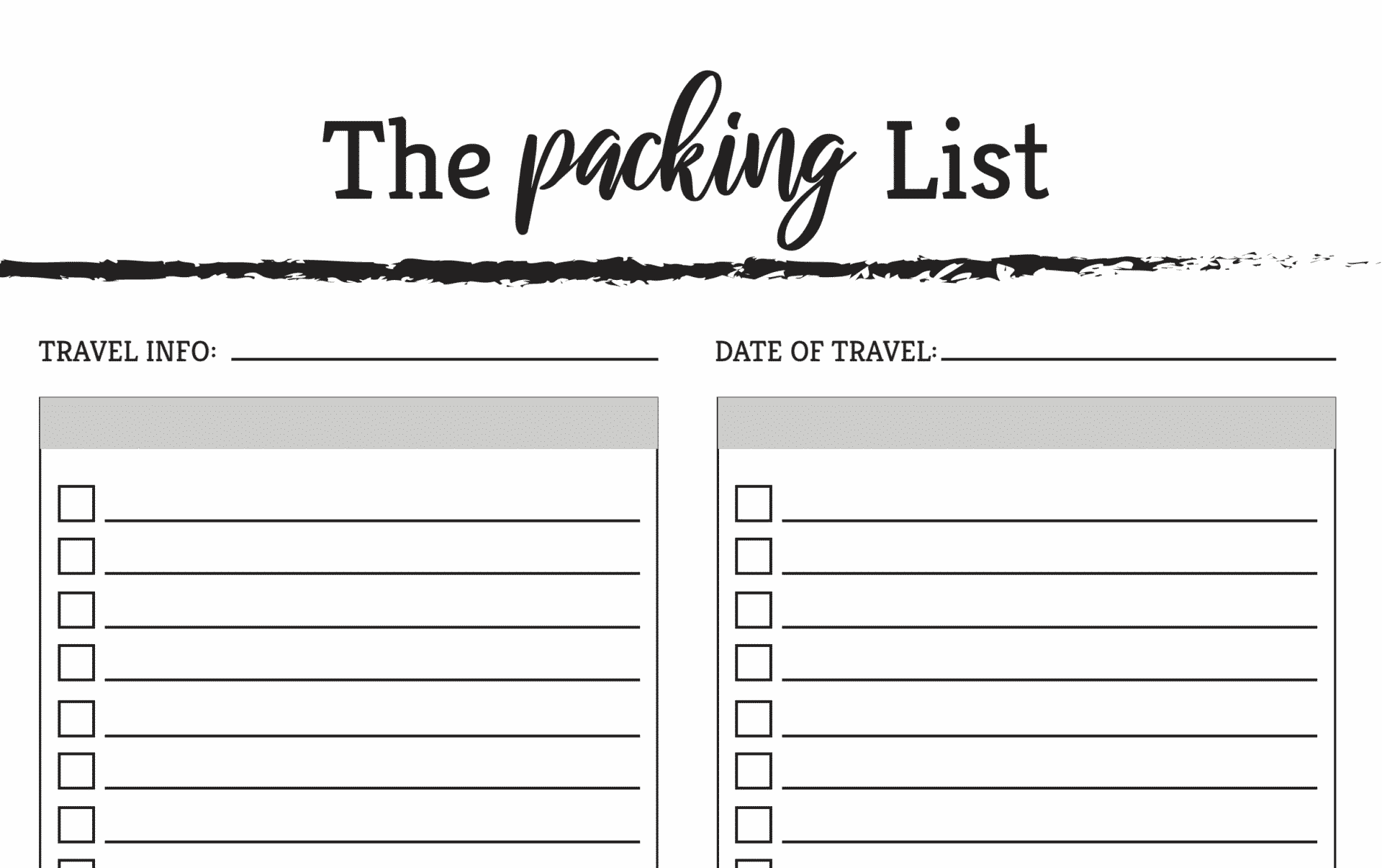 Fill In The Blank Printable Travel Packing List - Checkboxes And
