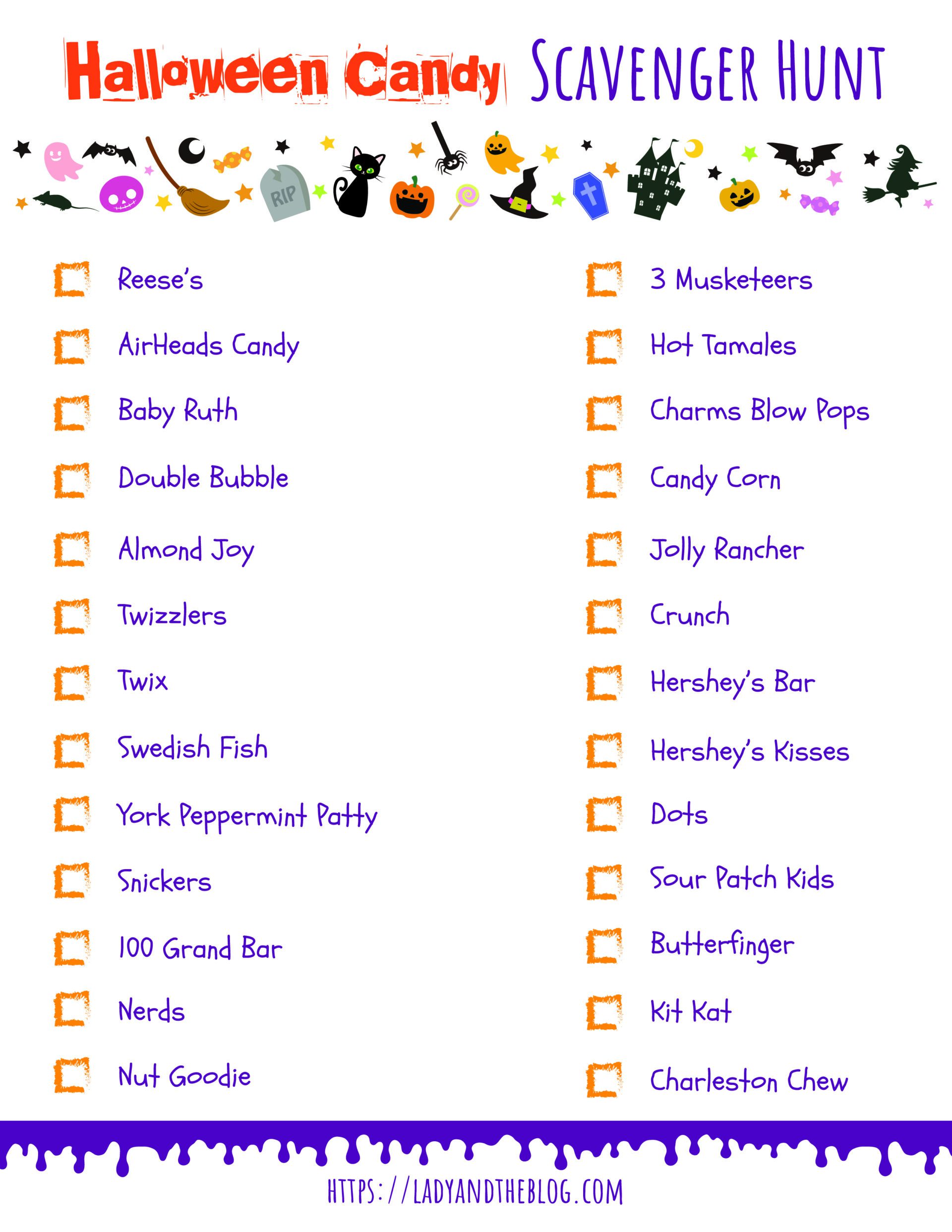Halloween Scavenger Hunt Printable - Halloween Candy List - Lady and