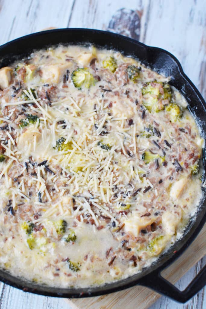 Chicken and Broccoli Casserole in skillet Ready to Bake