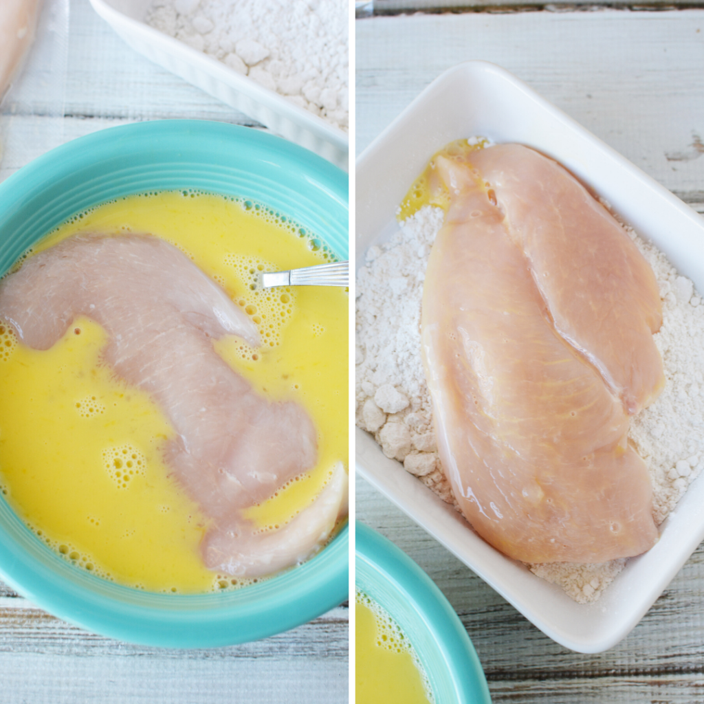 egging and flouring chicken breast