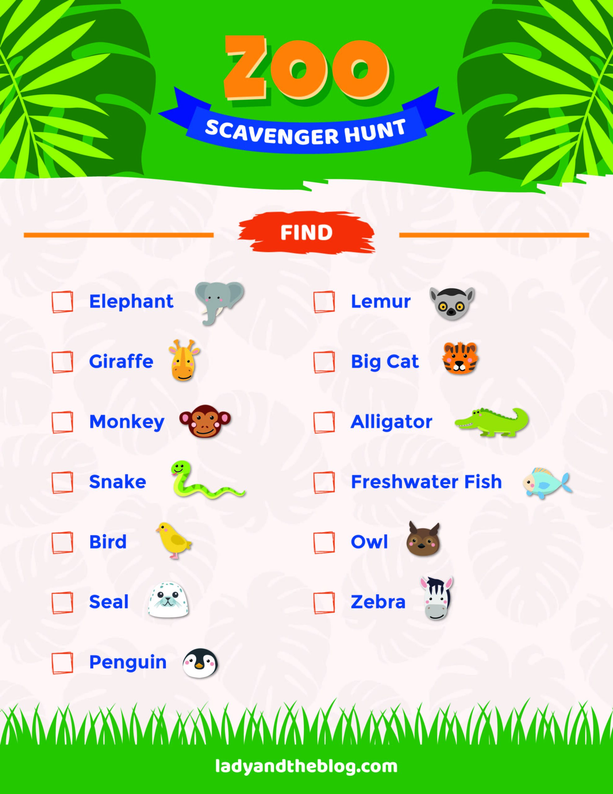 Zoo Scavenger Hunt Printable For Kids Search For Their Favorite Animals