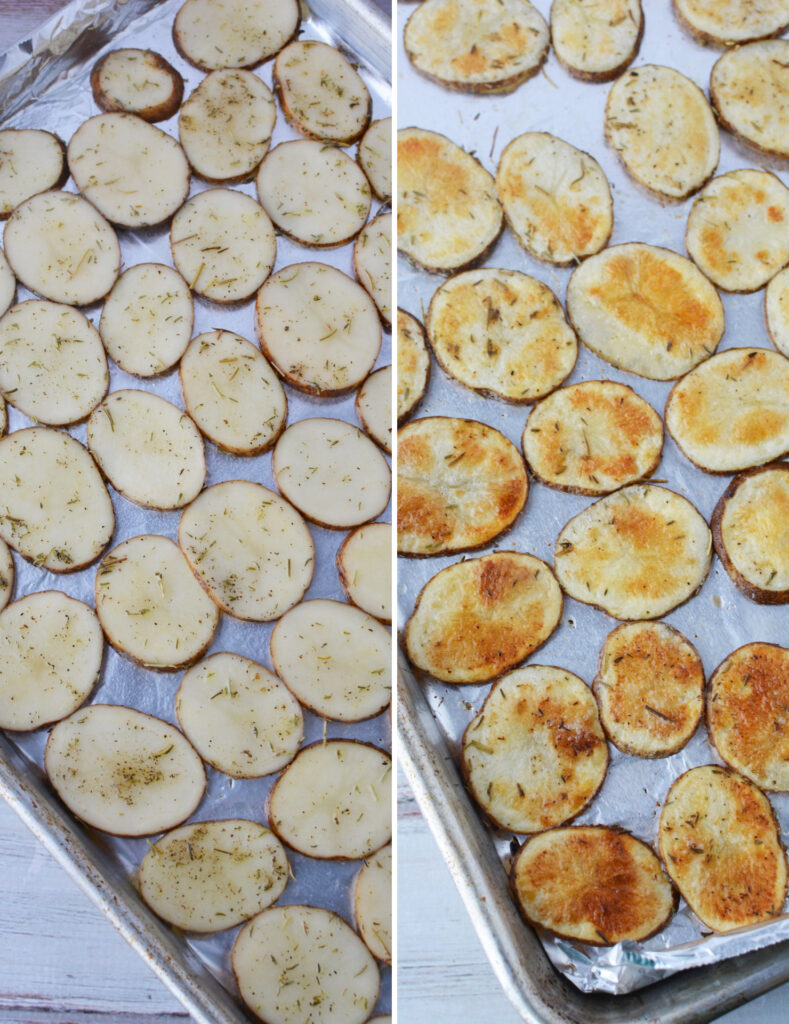 line baking sheet with potatoes