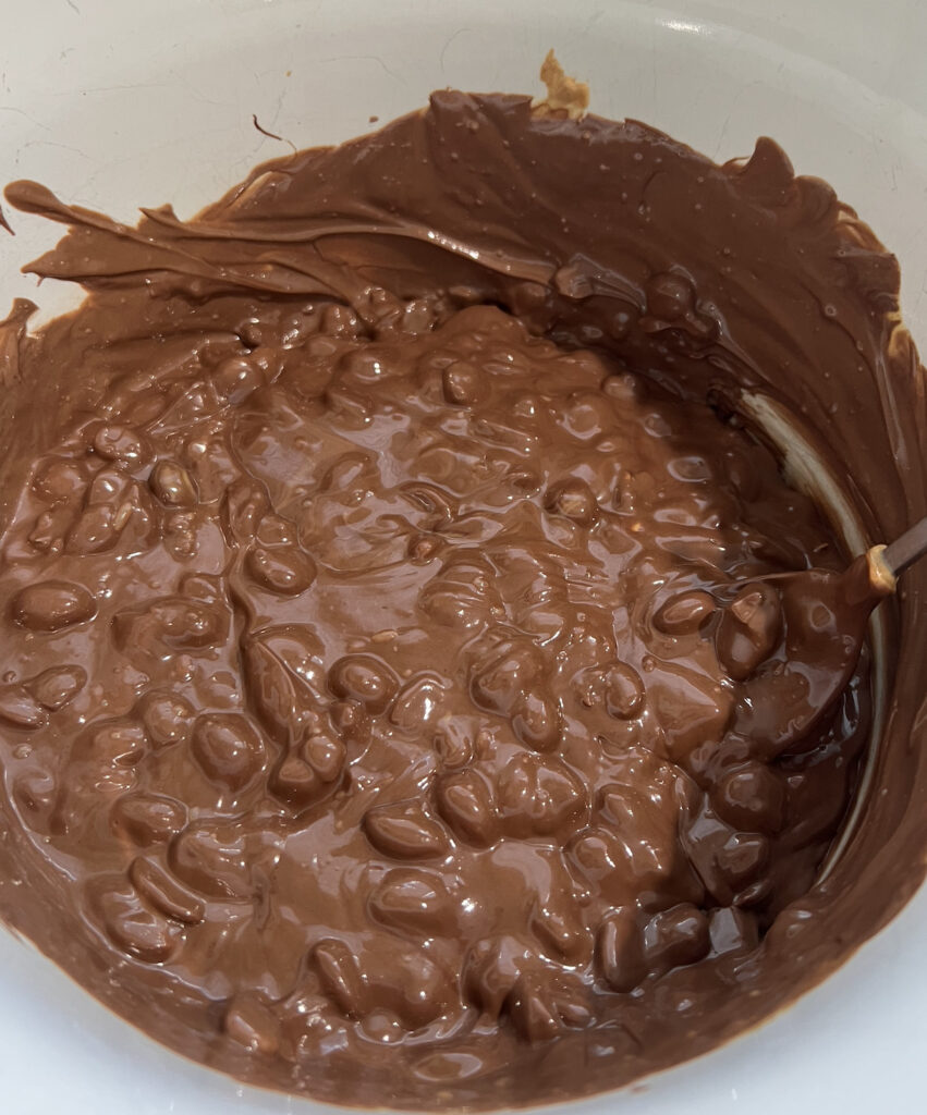 melted chocolate and trail mix
